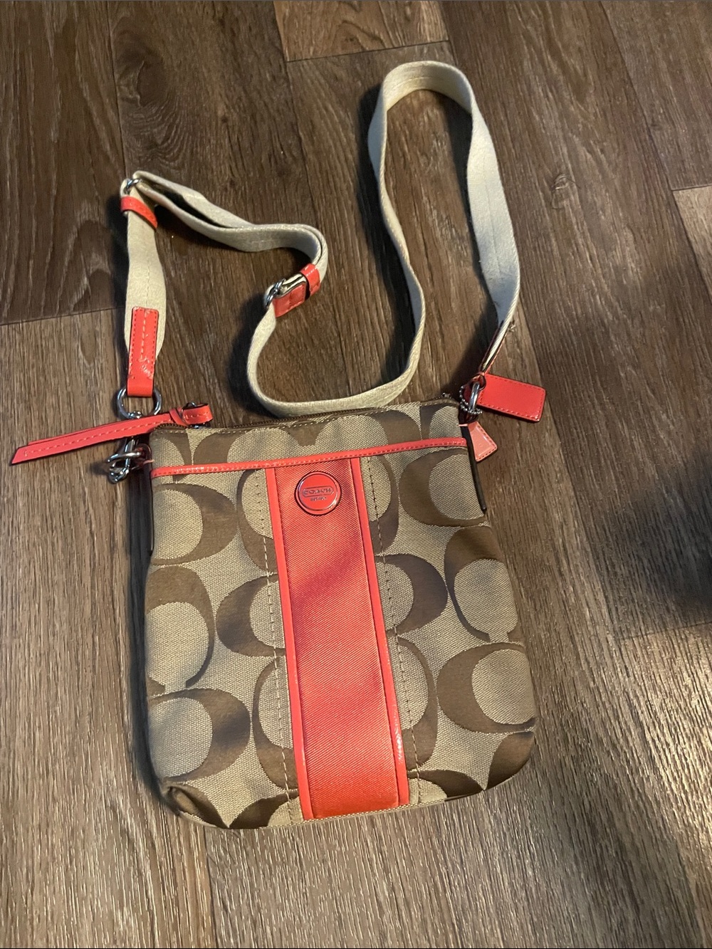 Coach Signature Crossbody in Tan Canvas with Coral Trim